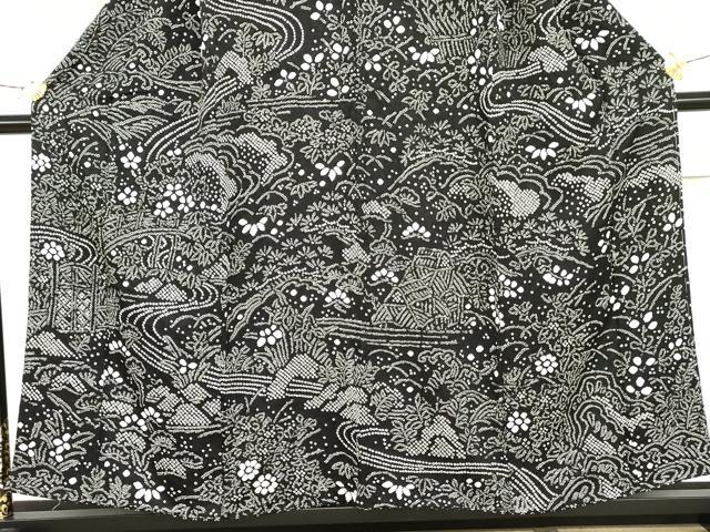 平和屋着物●訪問着　総絞り　松竹梅風景文　黒地　正絹　逸品　AABJ3231cs