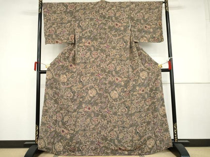 平和屋着物●上質な小紋　更紗花文　鬼しぼ縮緬　正絹　逸品　AABJ3234cs