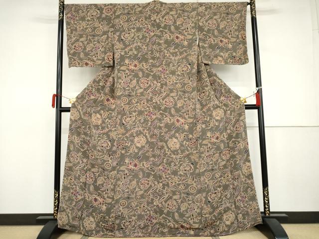 平和屋着物●上質な小紋　更紗花文　鬼しぼ縮緬　正絹　逸品　AABJ3234cs
