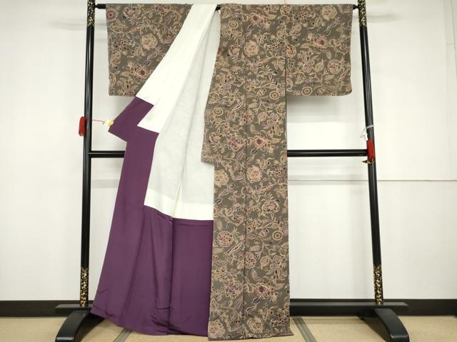 平和屋着物●上質な小紋　更紗花文　鬼しぼ縮緬　正絹　逸品　AABJ3234cs