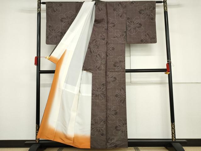 平和屋着物●本場大島紬　一元7マルキ　泥染め　舞花文　正絹　逸品　AABJ3246cs