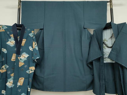平和屋着物●男性　紬　アンサンブル　長襦袢(無双仕立て)セット　色無地　薄縹色　正絹　逸品　未使用　AABJ3250cs