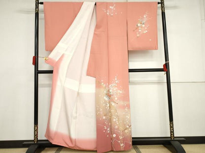 平和屋着物●訪問着　扇面枝花文　暈し染め　金銀彩　正絹　逸品　AABJ3251cs