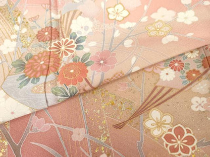 平和屋着物●訪問着　扇面枝花文　暈し染め　金銀彩　正絹　逸品　AABJ3251cs