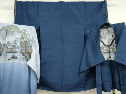 平和屋着物●男性　紬　アンサンブル　長襦袢(袷)セット　色無地　紺色　キングサイズ　正絹　逸品　AABJ3253cs