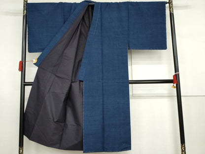 平和屋着物●男性　紬　アンサンブル　長襦袢(袷)セット　色無地　紺色　キングサイズ　正絹　逸品　AABJ3253cs