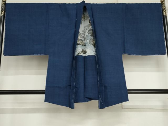 平和屋着物●男性　紬　アンサンブル　長襦袢(袷)セット　色無地　紺色　キングサイズ　正絹　逸品　AABJ3253cs