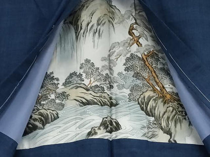 平和屋着物●男性　紬　アンサンブル　長襦袢(袷)セット　色無地　紺色　キングサイズ　正絹　逸品　AABJ3253cs