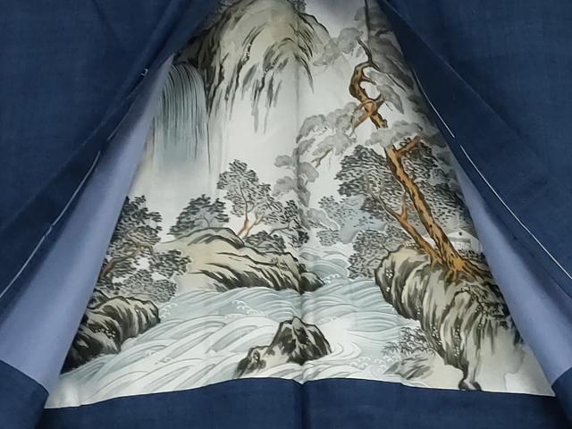 平和屋着物●男性　紬　アンサンブル　長襦袢(袷)セット　色無地　紺色　キングサイズ　正絹　逸品　AABJ3253cs