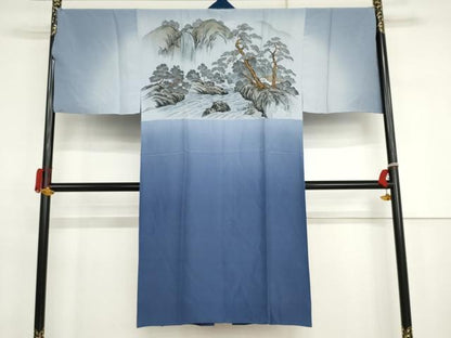 平和屋着物●男性　紬　アンサンブル　長襦袢(袷)セット　色無地　紺色　キングサイズ　正絹　逸品　AABJ3253cs