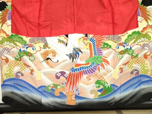 平和屋本店●アンティーク　大正ロマン　振袖　刺繍　立波吉祥飛鶴文　金銀糸　金銀彩　正絹　逸品　AABJ3256cs
