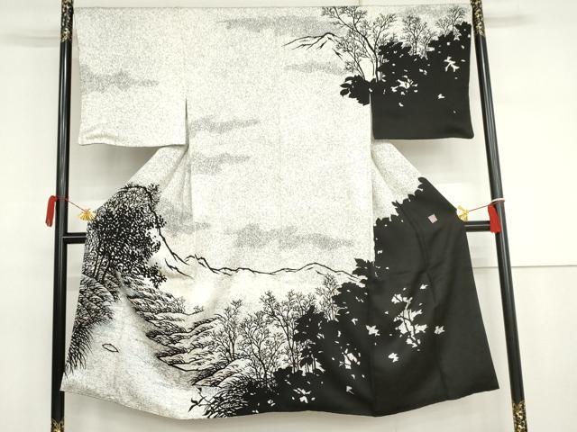 平和屋着物●男性　東京手描友禅　寺澤森秋　訪問着　風景文　枝葉シルエット　たたき染め　金彩　正絹　逸品　AABJ3261cs