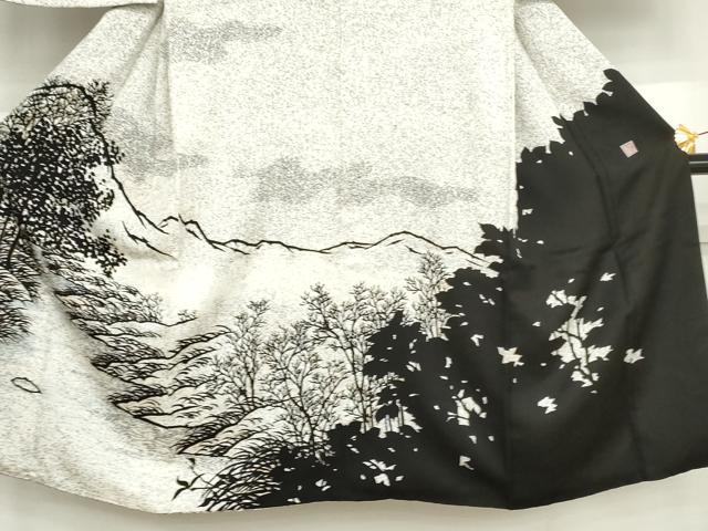 平和屋着物●男性　東京手描友禅　寺澤森秋　訪問着　風景文　枝葉シルエット　たたき染め　金彩　正絹　逸品　AABJ3261cs