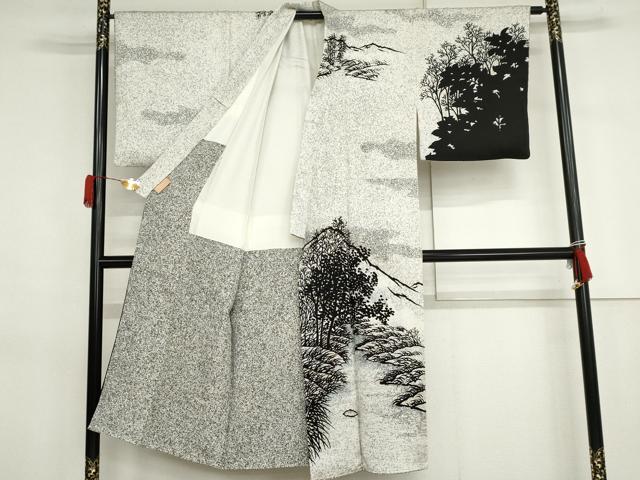 平和屋着物●男性　東京手描友禅　寺澤森秋　訪問着　風景文　枝葉シルエット　たたき染め　金彩　正絹　逸品　AABJ3261cs
