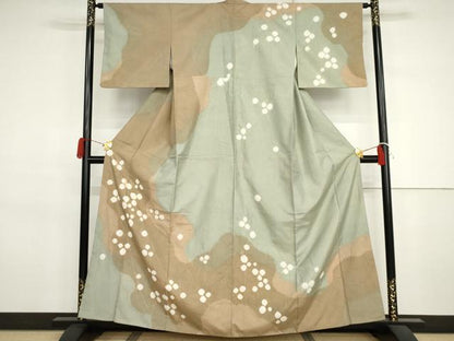 平和屋着物●訪問着　紬地　絞り　枝花文　金彩　正絹　逸品　AABJ3265cs