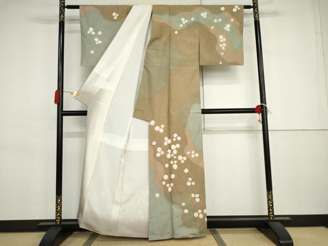 平和屋着物●訪問着　紬地　絞り　枝花文　金彩　正絹　逸品　AABJ3265cs
