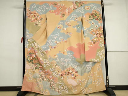 平和屋着物●豪華振袖　駒刺繍　吉祥草花文　金彩　正絹　逸品　AABJ3268cs