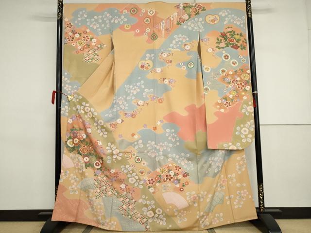 平和屋着物●豪華振袖　駒刺繍　吉祥草花文　金彩　正絹　逸品　AABJ3268cs