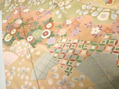 平和屋着物●豪華振袖　駒刺繍　吉祥草花文　金彩　正絹　逸品　AABJ3268cs