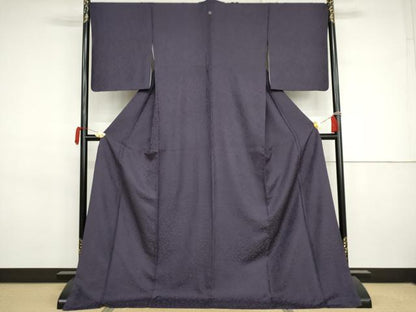 平和屋着物●上質な色無地　草花地紋　深紫色　ロング丈　正絹　逸品　AABJ3272cs