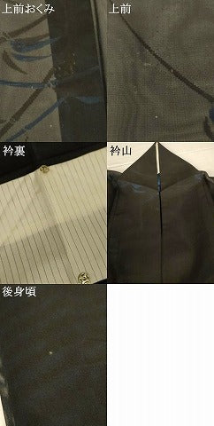 平和屋着物＊夏物　小紋　紗　草葉文　黒地　正絹　逸品　AABJ3295jd