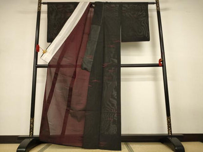 平和屋着物＊夏物　小紋　紗　芝文　黒地　正絹　逸品　AABJ3296jd