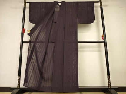 平和屋着物＊夏物　色無地　絽　縞紋紗　黒紅色　正絹　逸品　AABJ3308jd