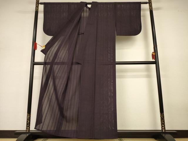 平和屋着物＊夏物　色無地　絽　縞紋紗　黒紅色　正絹　逸品　AABJ3308jd