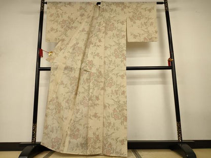 平和屋着物＊夏物　小紋　紗　ちぢみ織　草花文　AABJ3312jd