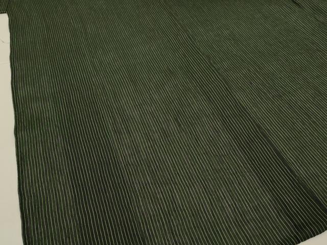 平和屋着物＊夏物 小千谷ちぢみ 縞 緑色×黒色 ロング丈 麻 逸品 AABJ3327jd