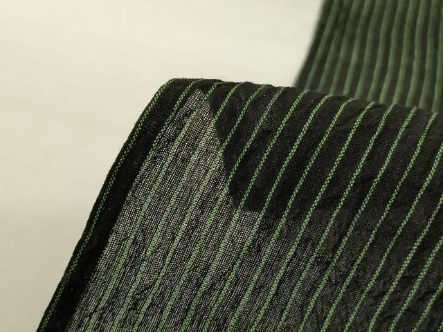 平和屋着物＊夏物 小千谷ちぢみ 縞 緑色×黒色 ロング丈 麻 逸品 AABJ3327jd