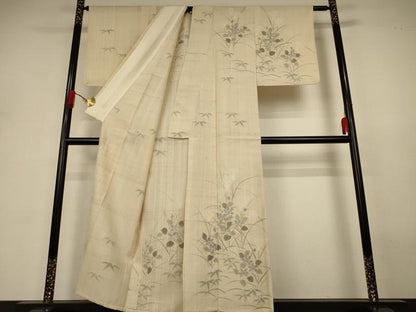 平和屋着物＊夏物 訪問着 生紬 手描き 草花文 正絹 逸品 AABJ3334jd