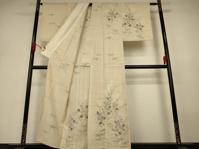平和屋着物＊夏物 訪問着 生紬 手描き 草花文 正絹 逸品 AABJ3334jd