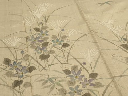 平和屋着物＊夏物 訪問着 生紬 手描き 草花文 正絹 逸品 AABJ3334jd