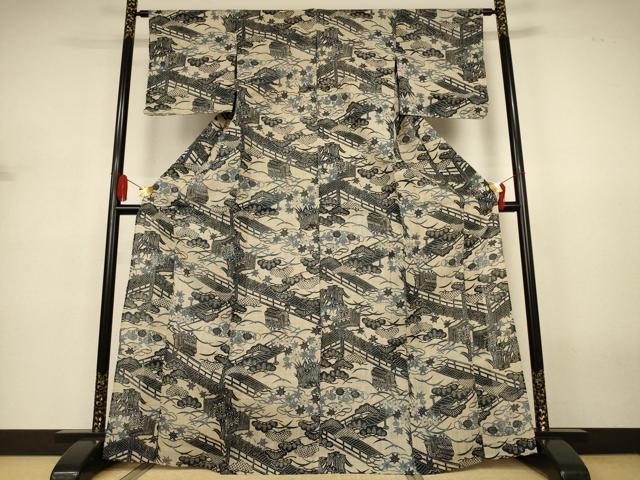 平和屋着物＊夏物 小紋 紗紬 藍 型染め 御所車花松文 正絹 逸品 AABJ3336jd