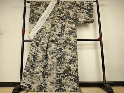 平和屋着物＊夏物 小紋 紗紬 藍 型染め 御所車花松文 正絹 逸品 AABJ3336jd