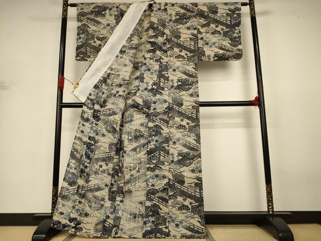 平和屋着物＊夏物 小紋 紗紬 藍 型染め 御所車花松文 正絹 逸品 AABJ3336jd