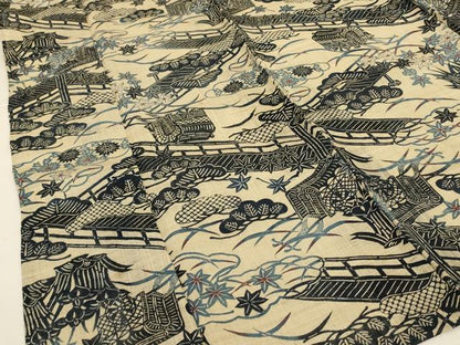 平和屋着物＊夏物 小紋 紗紬 藍 型染め 御所車花松文 正絹 逸品 AABJ3336jd