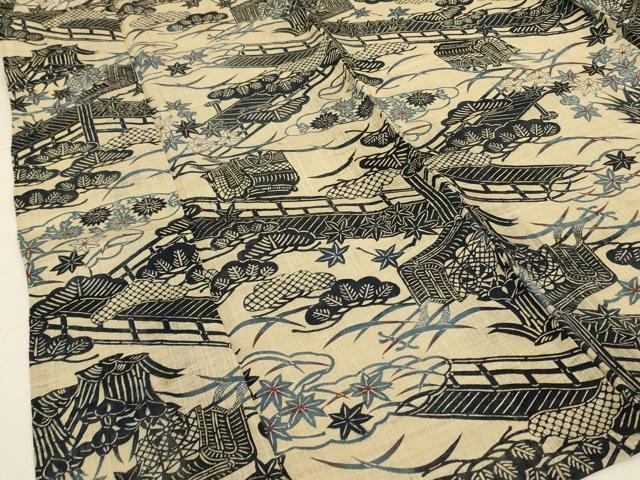 平和屋着物＊夏物 小紋 紗紬 藍 型染め 御所車花松文 正絹 逸品 AABJ3336jd
