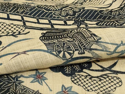 平和屋着物＊夏物 小紋 紗紬 藍 型染め 御所車花松文 正絹 逸品 AABJ3336jd