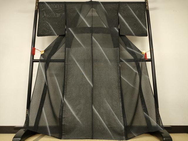 平和屋着物＊夏物　小紋　縦絽　斜縞　黒地　正絹　逸品　AABJ3360jd