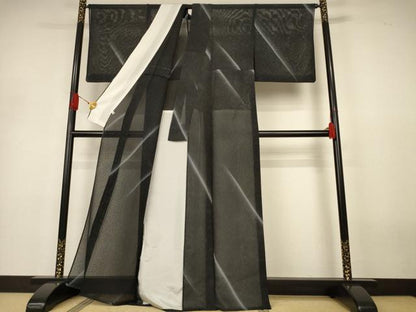 平和屋着物＊夏物　小紋　縦絽　斜縞　黒地　正絹　逸品　AABJ3360jd