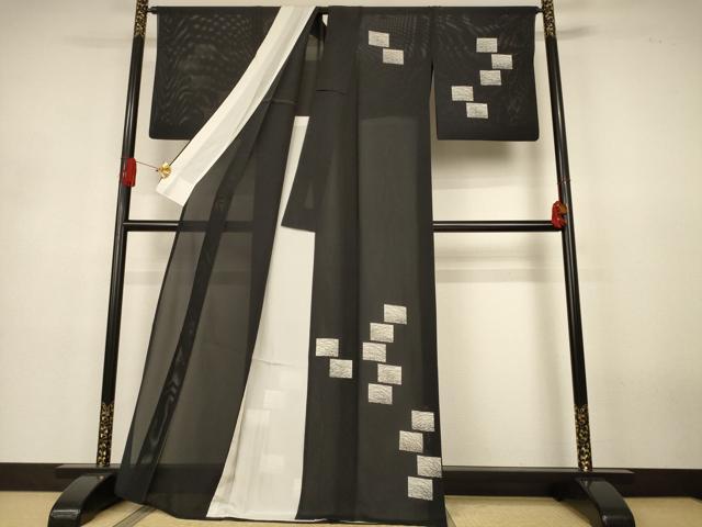平和屋着物＊夏物　訪問着　絽　色紙文　黒地　正絹　逸品　AABJ3367jd