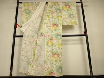 平和屋着物＊夏物　小紋　絽　草花文　銀彩　正絹　逸品　AABJ3375jd