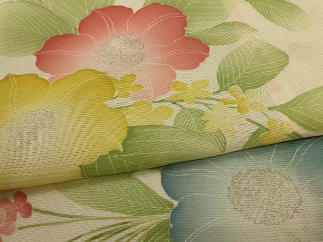 平和屋着物＊夏物　小紋　絽　草花文　銀彩　正絹　逸品　AABJ3375jd