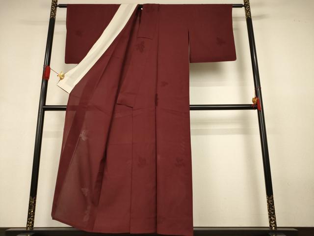 平和屋着物＊夏物　色無地　縦絽　舞葉紋紗　葡萄茶色　正絹　逸品　AABJ3386jd