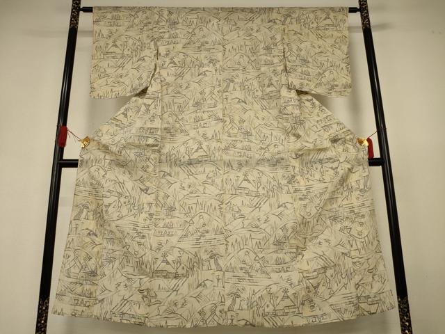 平和屋着物＊夏物　小千谷ちぢみ　風景文　麻　逸品　AABJ3392jd