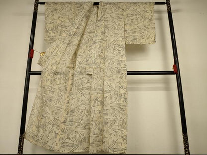 平和屋着物＊夏物　小千谷ちぢみ　風景文　麻　逸品　AABJ3392jd