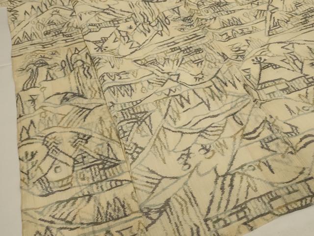平和屋着物＊夏物　小千谷ちぢみ　風景文　麻　逸品　AABJ3392jd