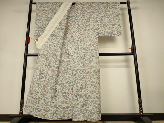 平和屋着物＊夏物　小千谷ちぢみ　草花文　麻　逸品　AABJ3394jd